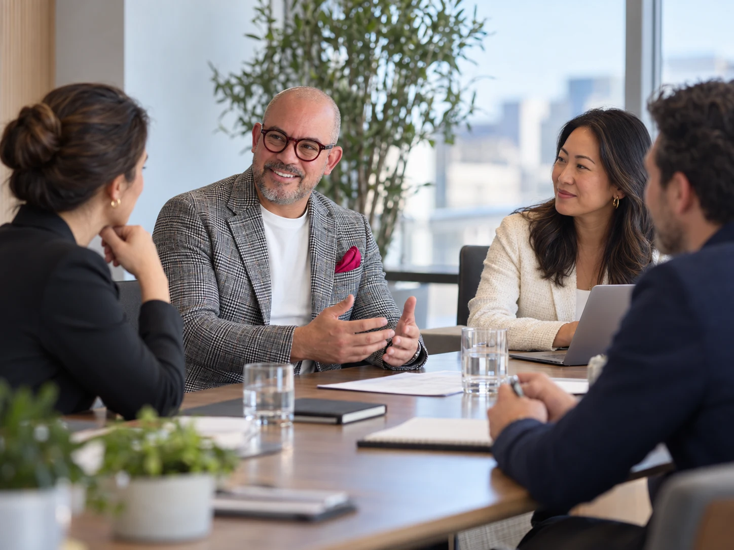 Francisco Sarria in conversation with business colleagues at a meeting