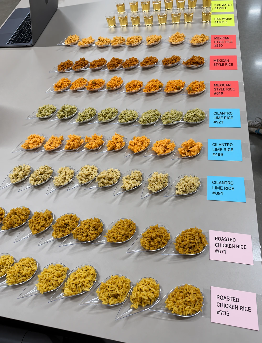 Prepared rice samples arranged for comparative evaluation