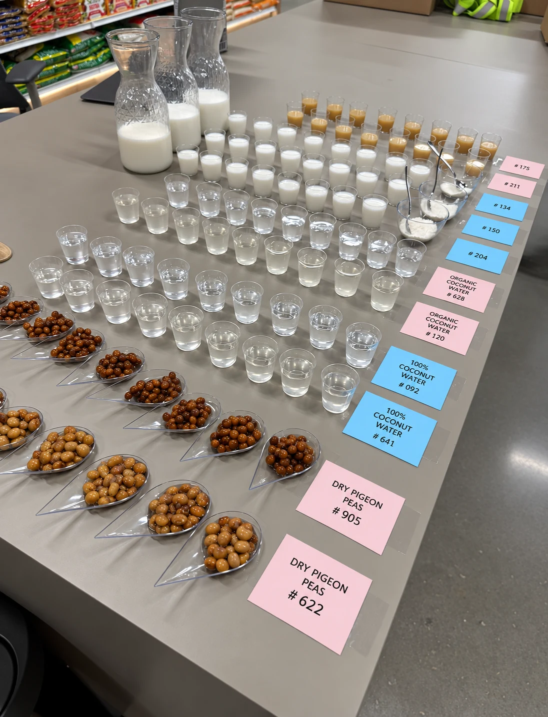 Coded food and beverage samples prepared for product evaluation